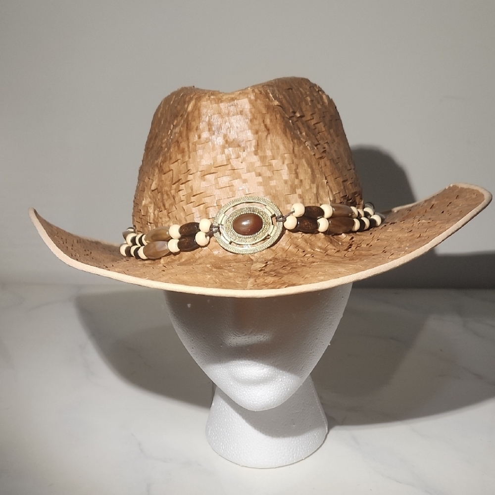 Rustic Tan Strawlike Artisan Crafted Hat with Beaded Accent